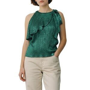 Nine West Ruffled Halter Blouse Metallic Emerald Green